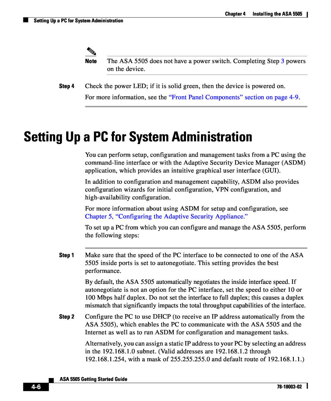 Cisco Systems 5505 manual Setting Up a PC for System Administration, “Configuring the Adaptive Security Appliance.” 
