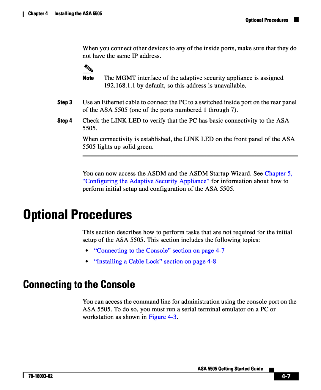Cisco Systems 5505 manual Optional Procedures, Connecting to the Console 