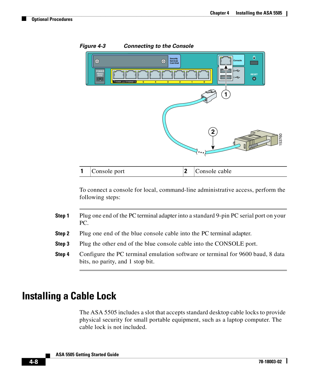 Cisco Systems 5505 manual Installing a Cable Lock 