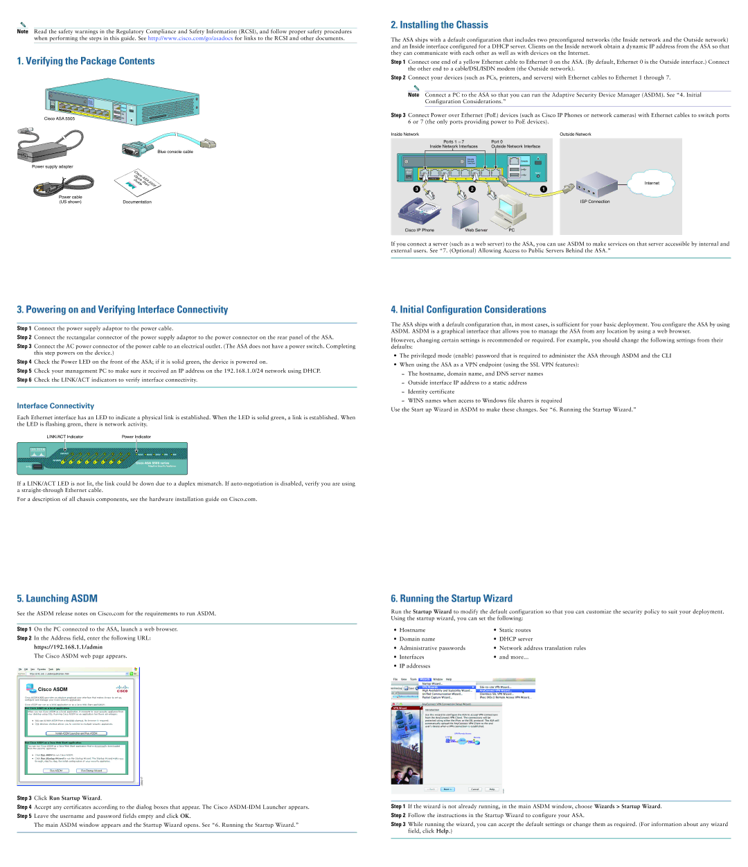 Cisco Systems 5505 quick start Verifying the Package Contents, Installing the Chassis, Launching Asdm 