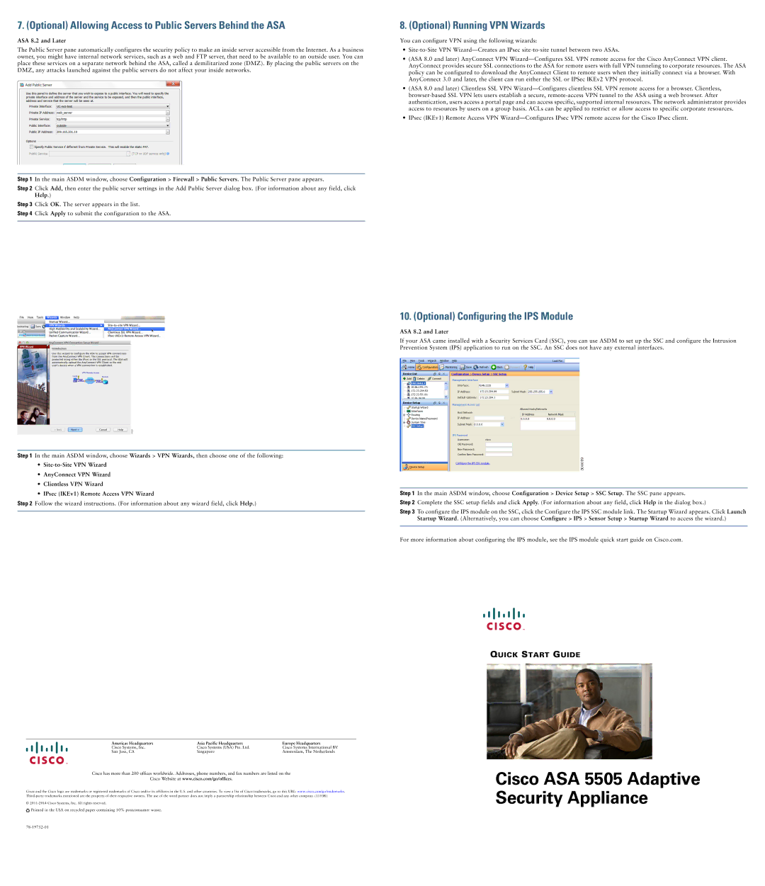 Cisco Systems 5505 quick start Optional Allowing Access to Public Servers Behind the ASA, Optional Running VPN Wizards 