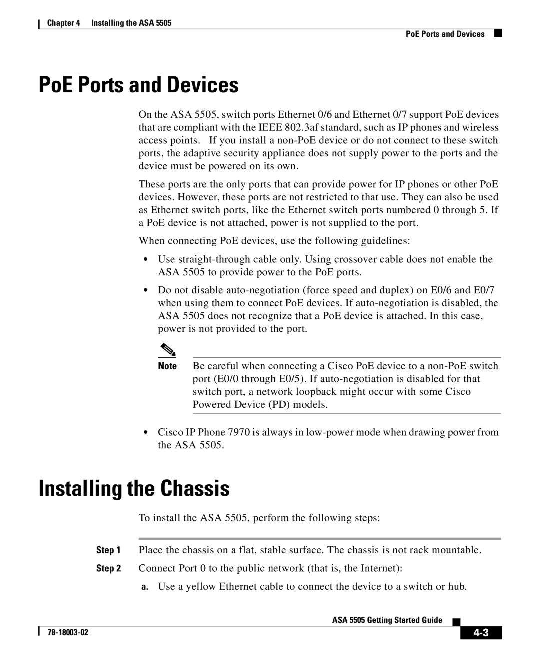 Cisco Systems 5505 manual PoE Ports and Devices, Installing the Chassis 