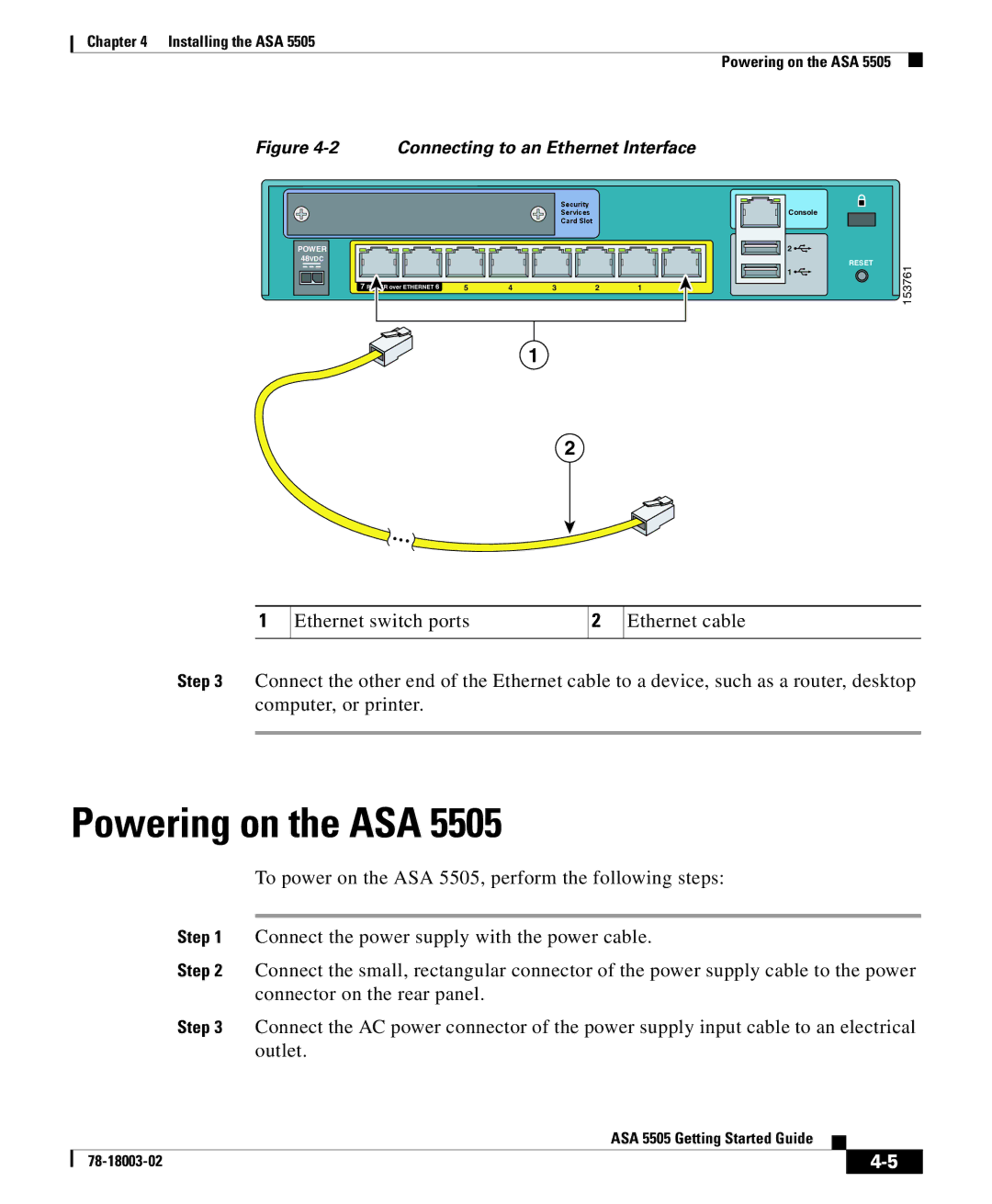 Cisco Systems 5505 manual Powering on the ASA, Connecting to an Ethernet Interface 