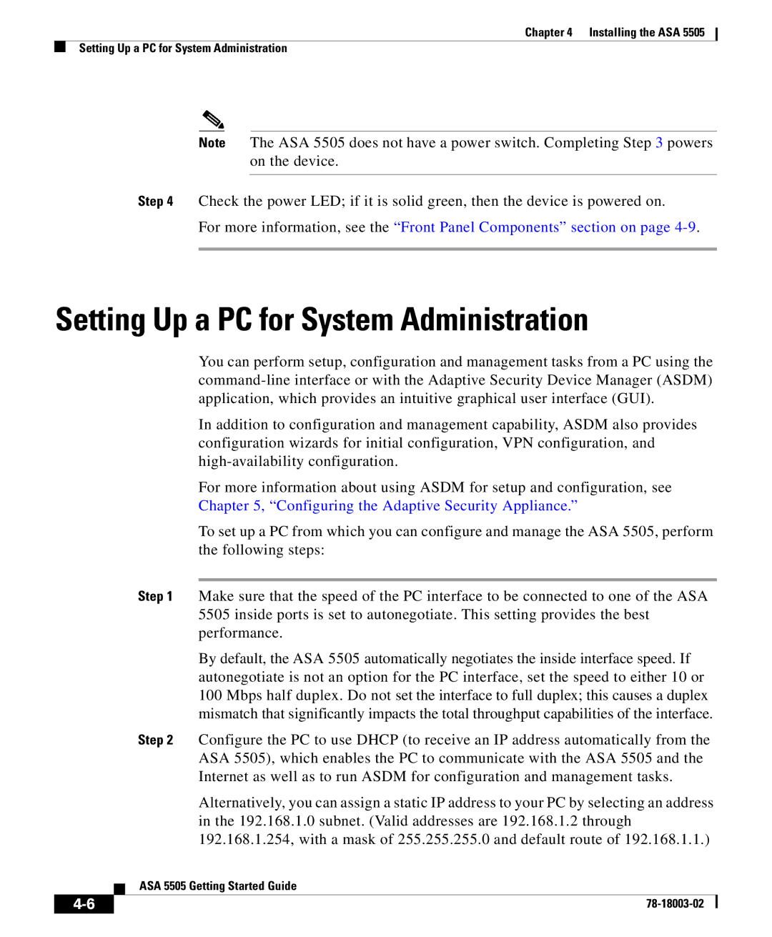 Cisco Systems 5505 manual Setting Up a PC for System Administration, Configuring the Adaptive Security Appliance 