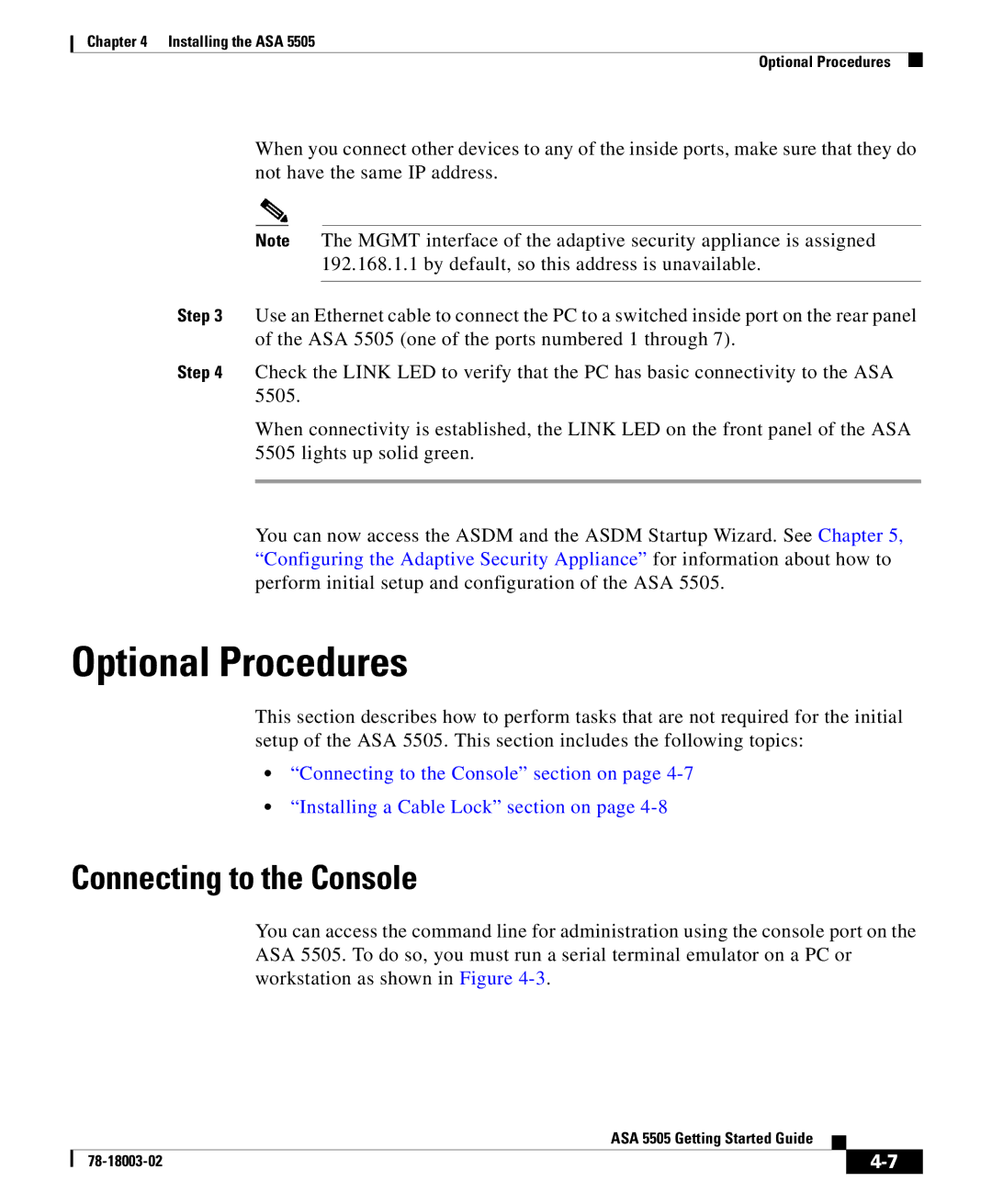 Cisco Systems 5505 manual Optional Procedures, Connecting to the Console 