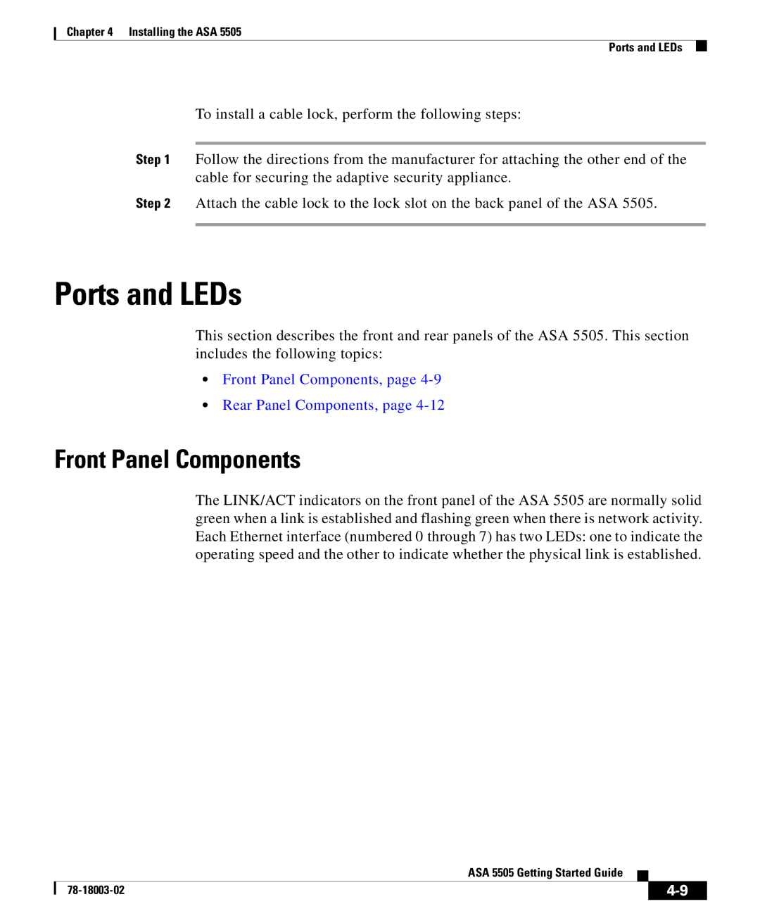 Cisco Systems 5505 manual Ports and LEDs, Front Panel Components 