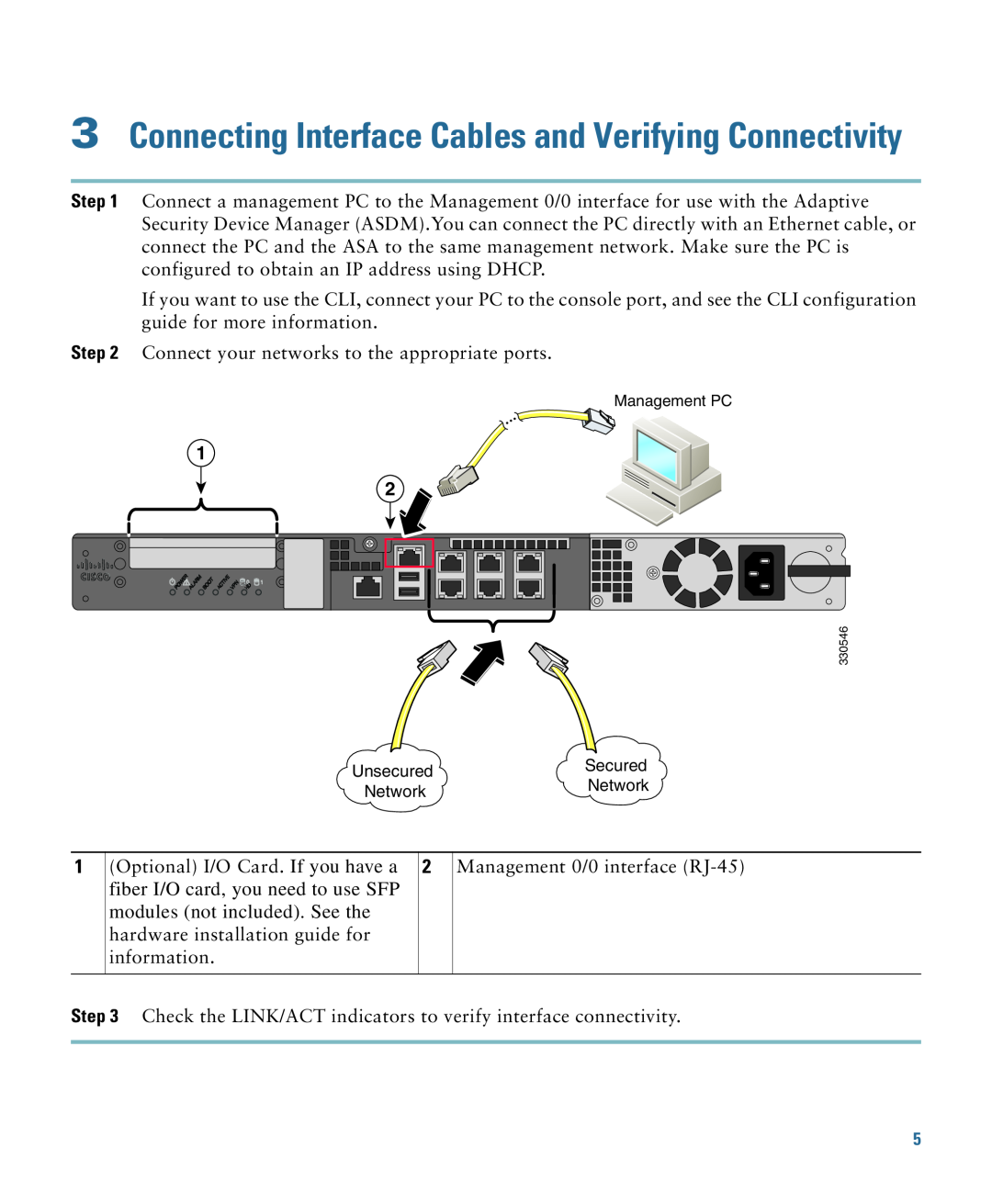 Cisco Systems ASA5512K9, 5525XW750, ASA 5512X, ASA 5515X quick start Connecting Interface Cables and Verifying Connectivity 