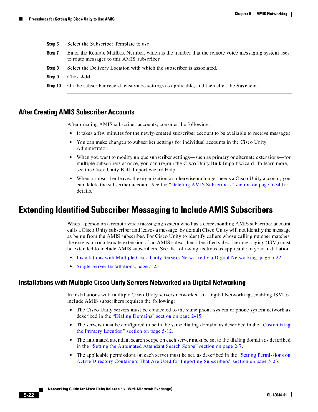 Cisco Systems 5.x manual After Creating Amis Subscriber Accounts 