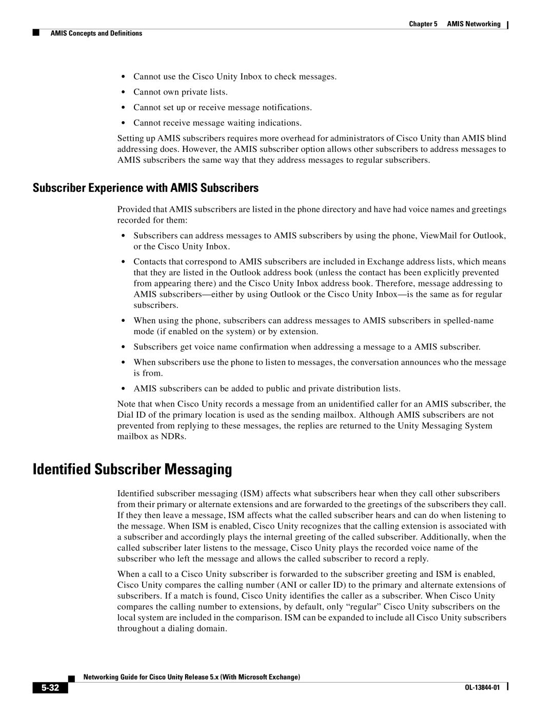 Cisco Systems 5.x manual Identified Subscriber Messaging, Subscriber Experience with Amis Subscribers 