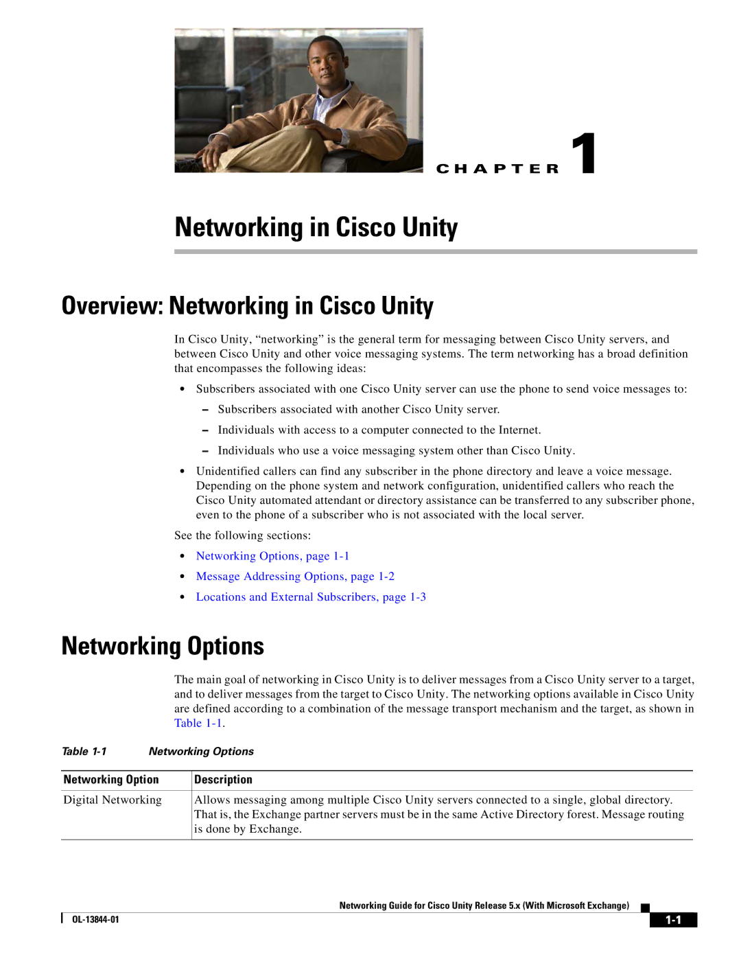 Cisco Systems 5.x manual Overview Networking in Cisco Unity, Networking Options, Networking Option Description 