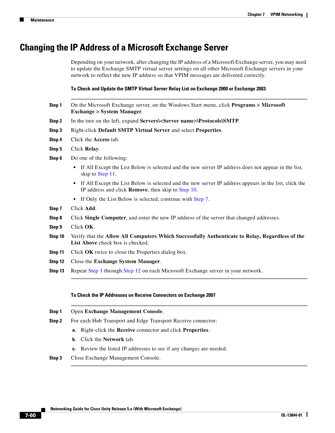 Cisco Systems 5.x manual Changing the IP Address of a Microsoft Exchange Server, Close the Exchange System Manager 