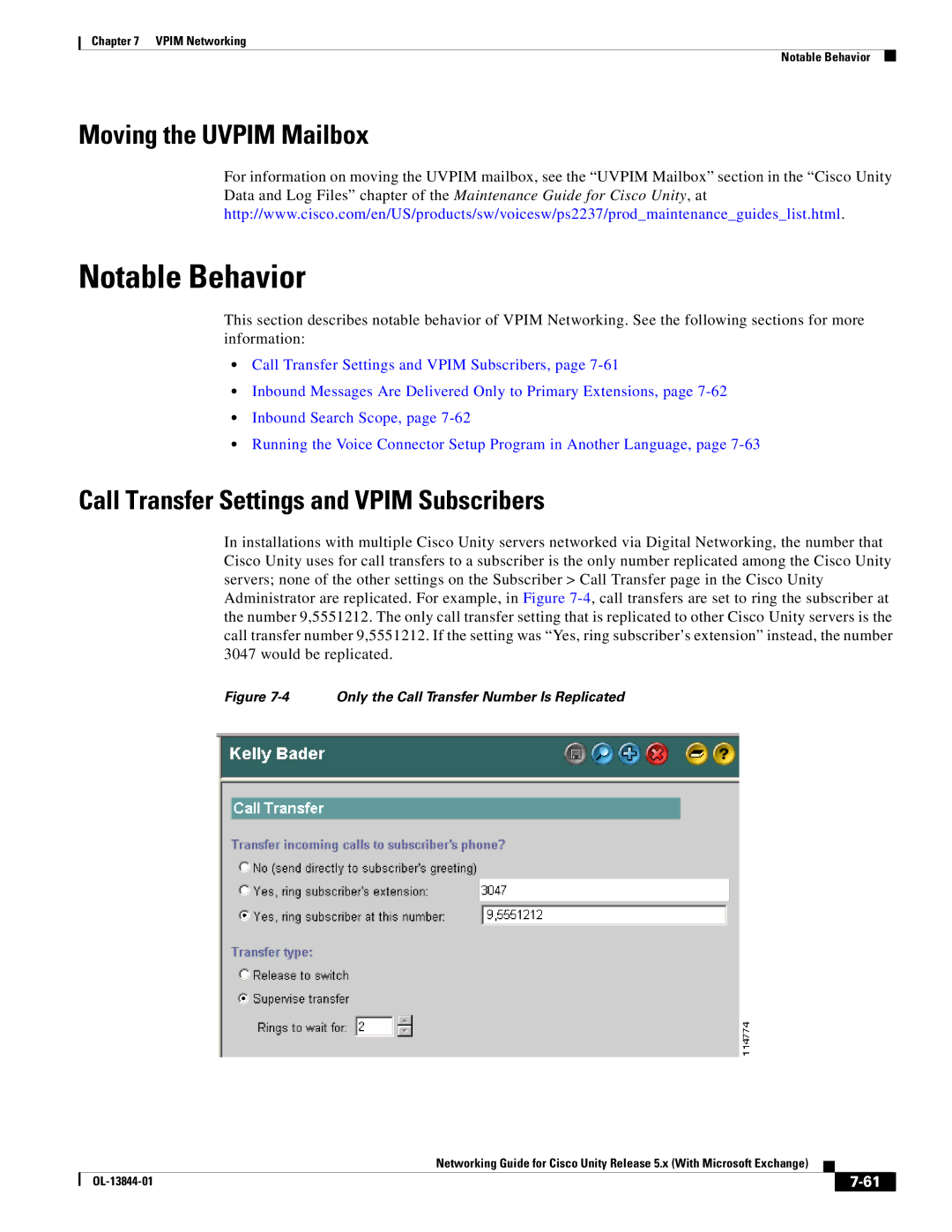 Cisco Systems 5.x manual Moving the Uvpim Mailbox, Call Transfer Settings and Vpim Subscribers 