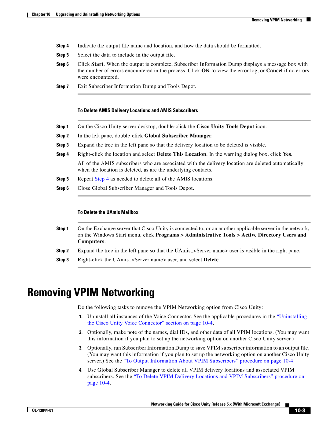 Cisco Systems 5.x manual Removing Vpim Networking, To Delete Amis Delivery Locations and Amis Subscribers, 10-3 