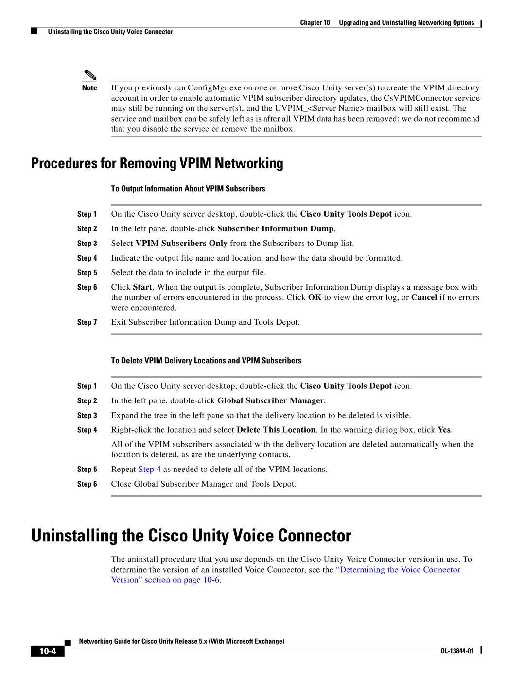 Cisco Systems 5.x manual Uninstalling the Cisco Unity Voice Connector, Procedures for Removing Vpim Networking, 10-4 