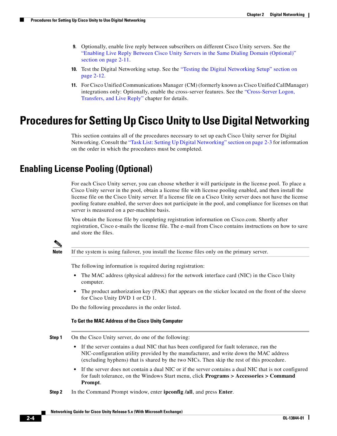 Cisco Systems 5.x manual Enabling License Pooling Optional, To Get the MAC Address of the Cisco Unity Computer 