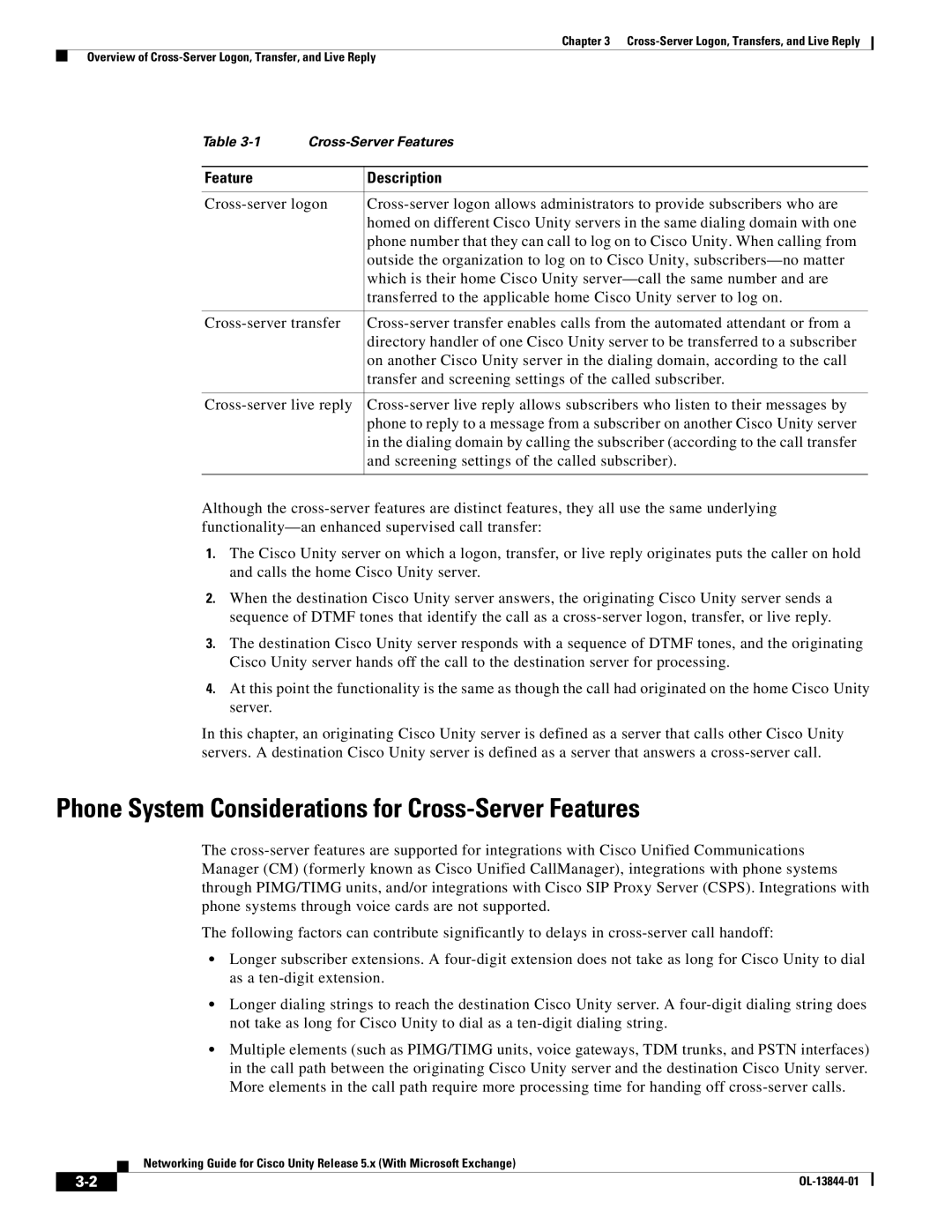 Cisco Systems 5.x manual Phone System Considerations for Cross-Server Features, Feature Description 