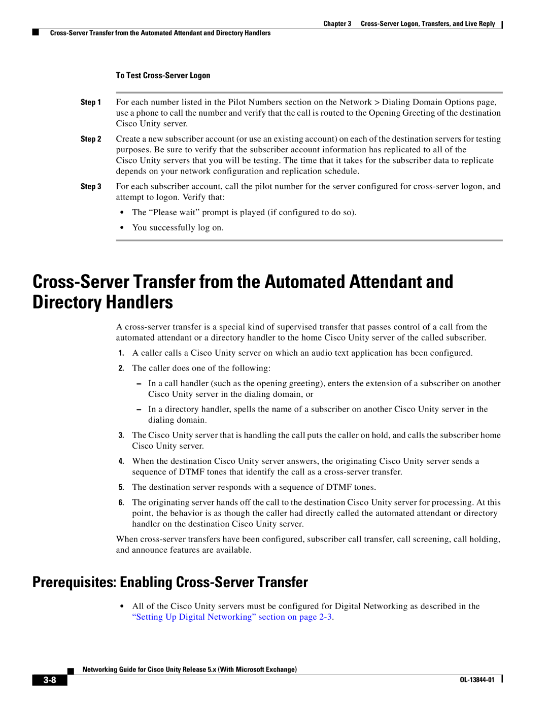 Cisco Systems 5.x manual Prerequisites Enabling Cross-Server Transfer, To Test Cross-Server Logon 