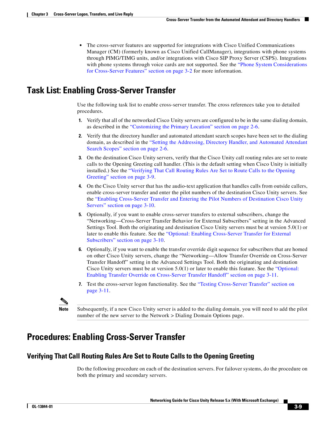 Cisco Systems 5.x manual Task List Enabling Cross-Server Transfer, Procedures Enabling Cross-Server Transfer 