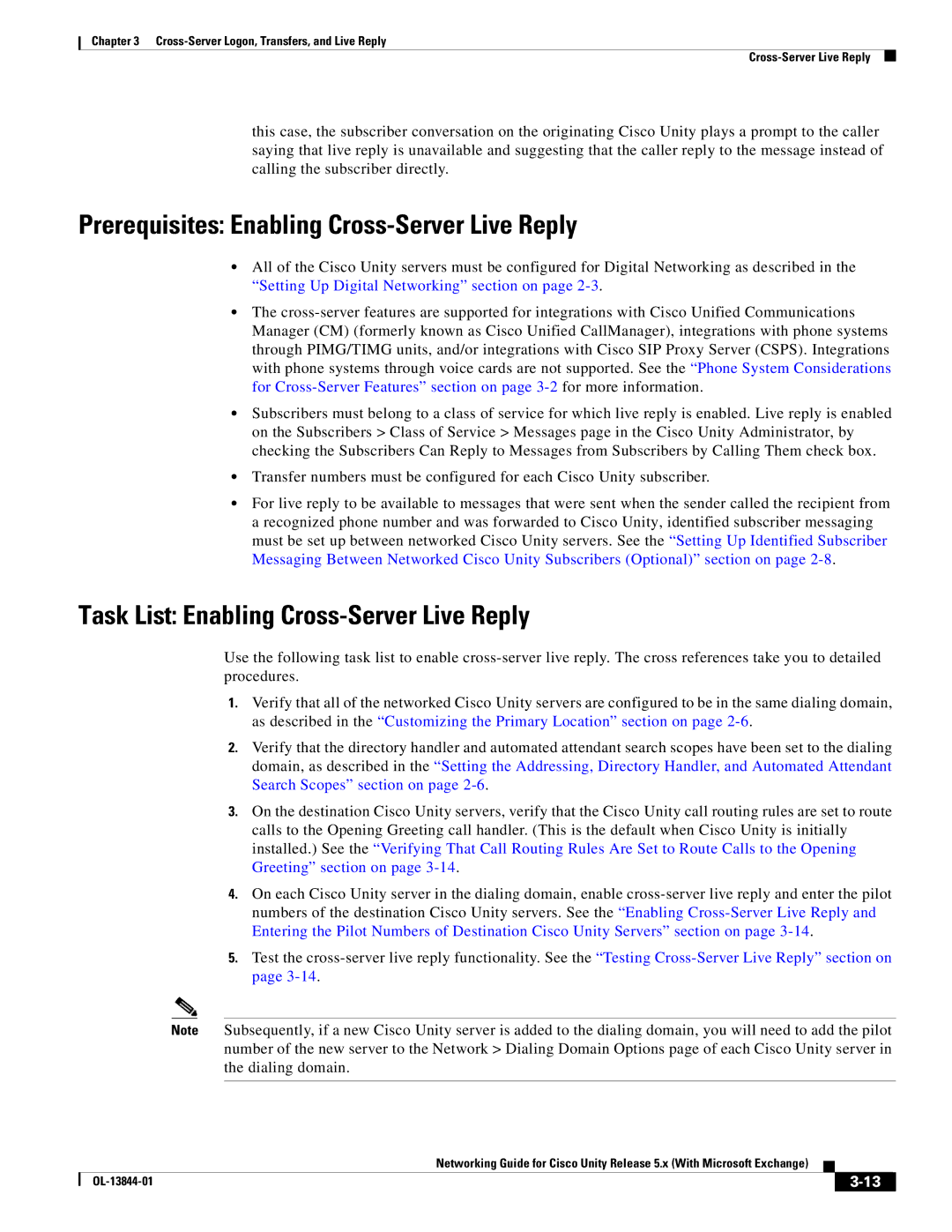 Cisco Systems 5.x manual Prerequisites Enabling Cross-Server Live Reply, Task List Enabling Cross-Server Live Reply 