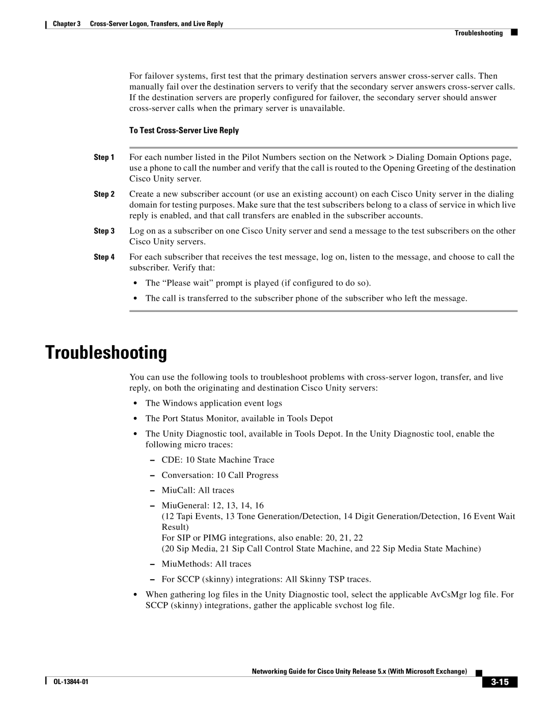 Cisco Systems 5.x manual Troubleshooting, To Test Cross-Server Live Reply 