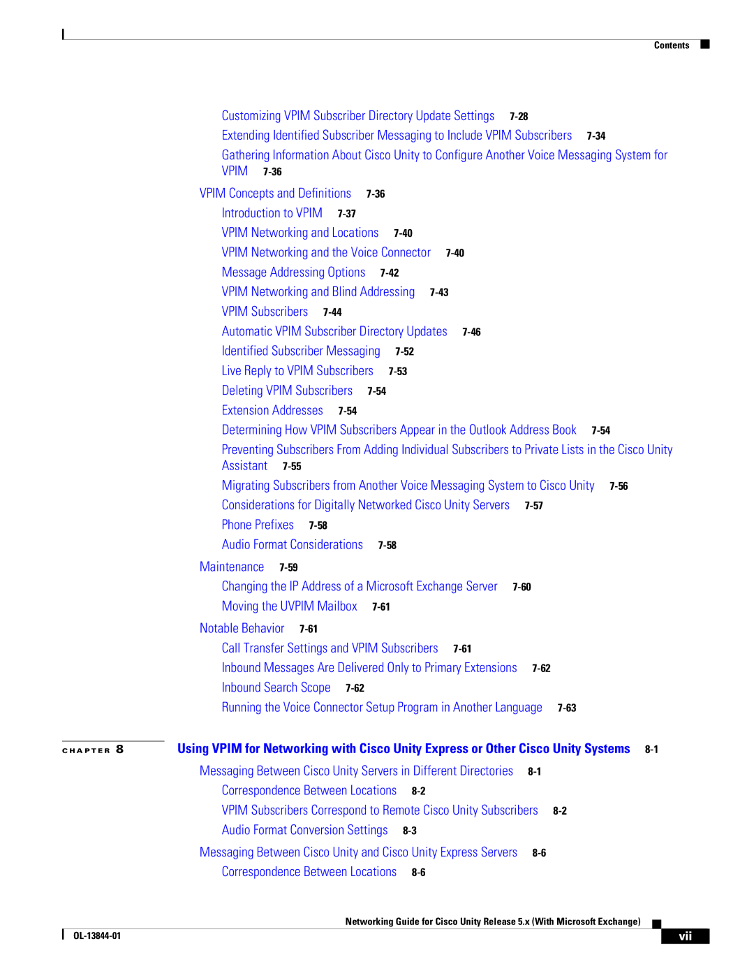 Cisco Systems 5.x manual Vpim Networking and the Voice Connector, Vii 