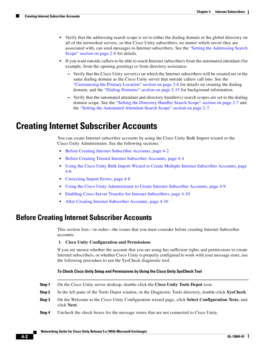 Cisco Systems 5.x manual Before Creating Internet Subscriber Accounts, Cisco Unity Configuration and Permissions 