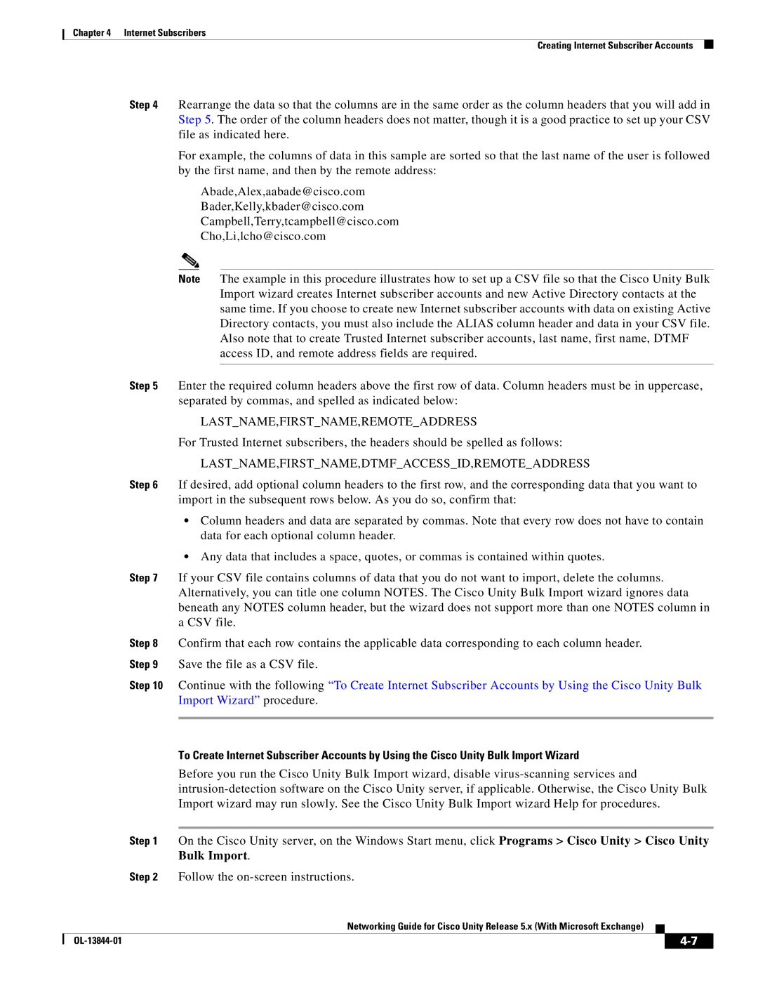 Cisco Systems 5.x manual Lastname,Firstname,Remoteaddress 