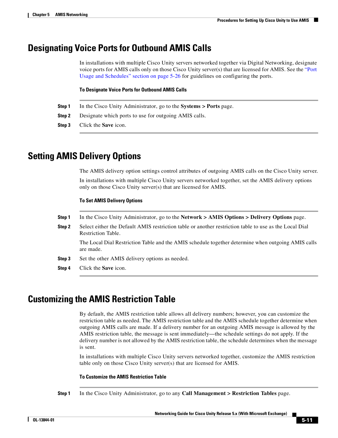 Cisco Systems 5.x manual Designating Voice Ports for Outbound Amis Calls, Setting Amis Delivery Options 