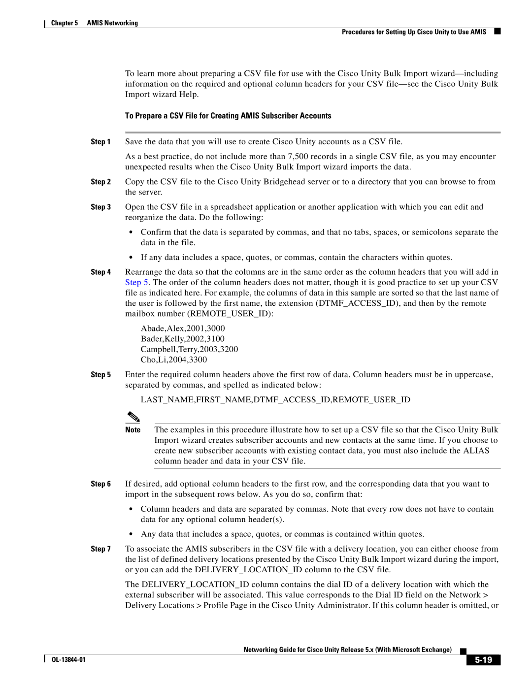 Cisco Systems 5.x manual To Prepare a CSV File for Creating Amis Subscriber Accounts 