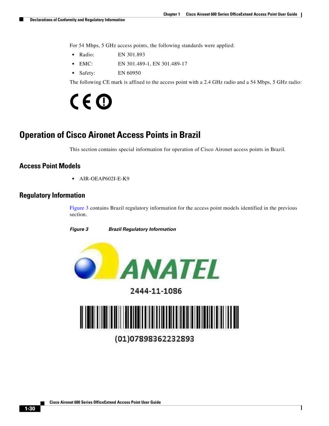 Cisco Systems 600 manual Operation of Cisco Aironet Access Points in Brazil 