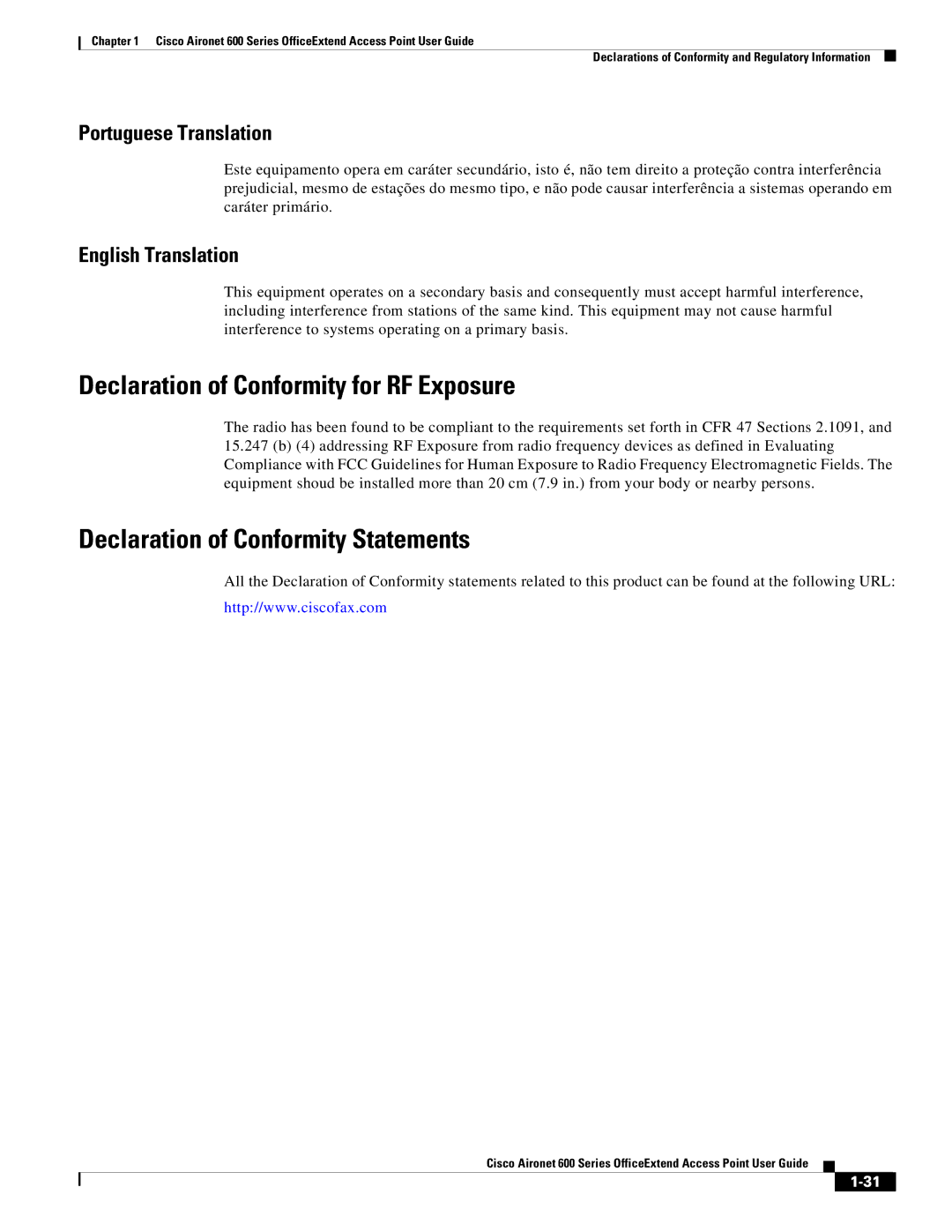 Cisco Systems 600 manual Declaration of Conformity for RF Exposure 