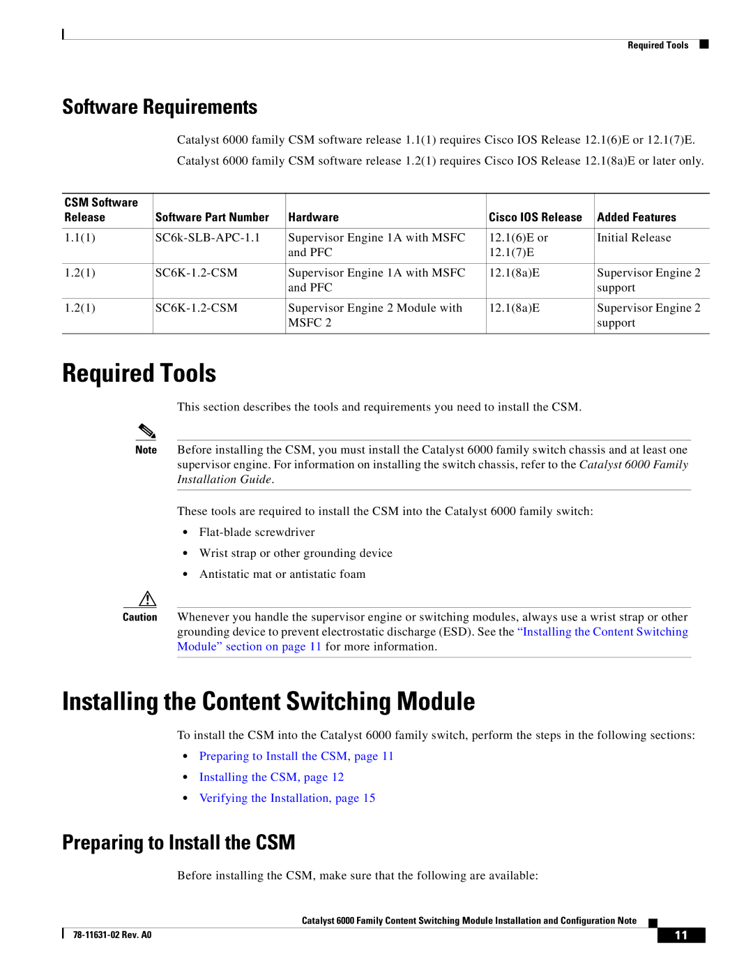 Cisco Systems 6000 manual Required Tools, Installing the Content Switching Module, Software Requirements 