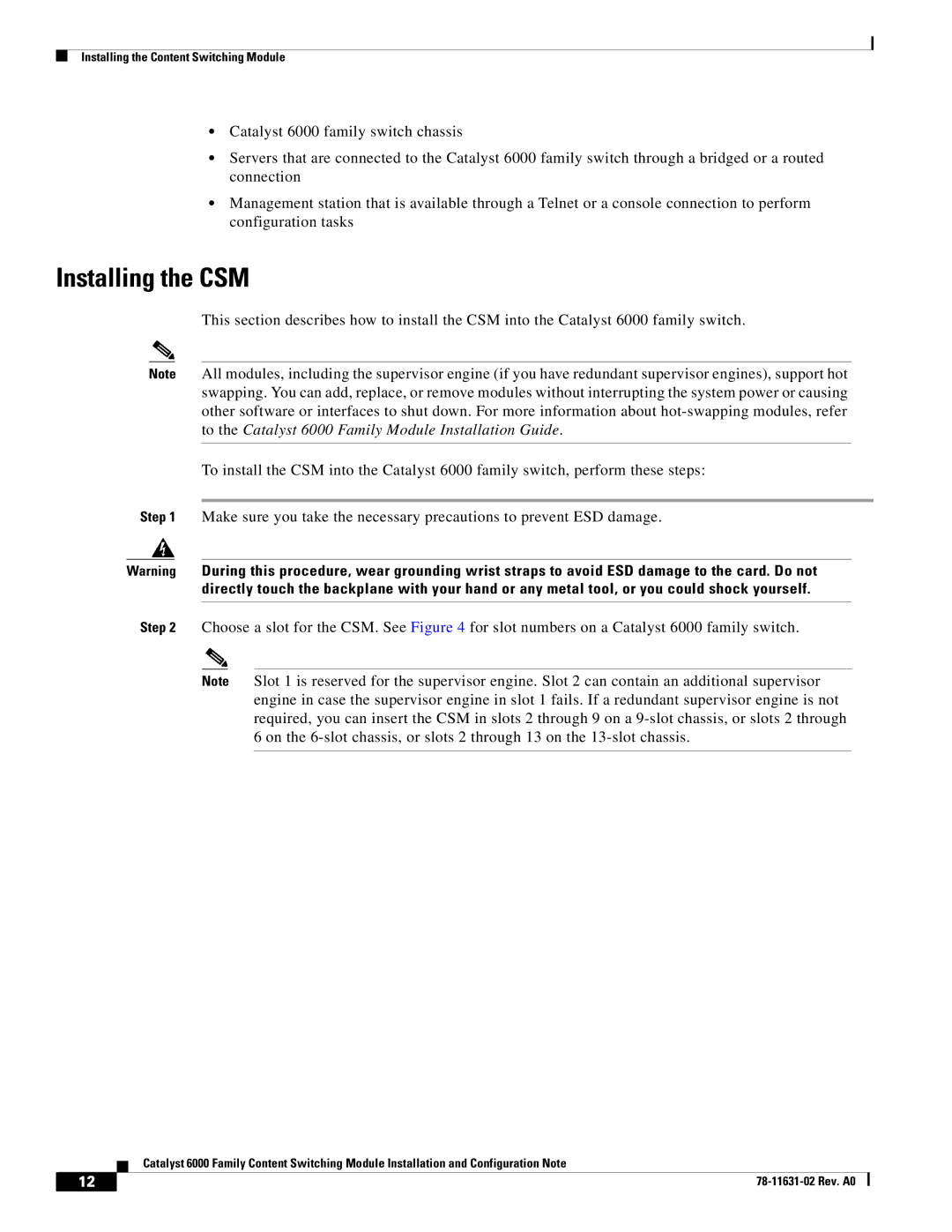 Cisco Systems 6000 manual Installing the CSM 