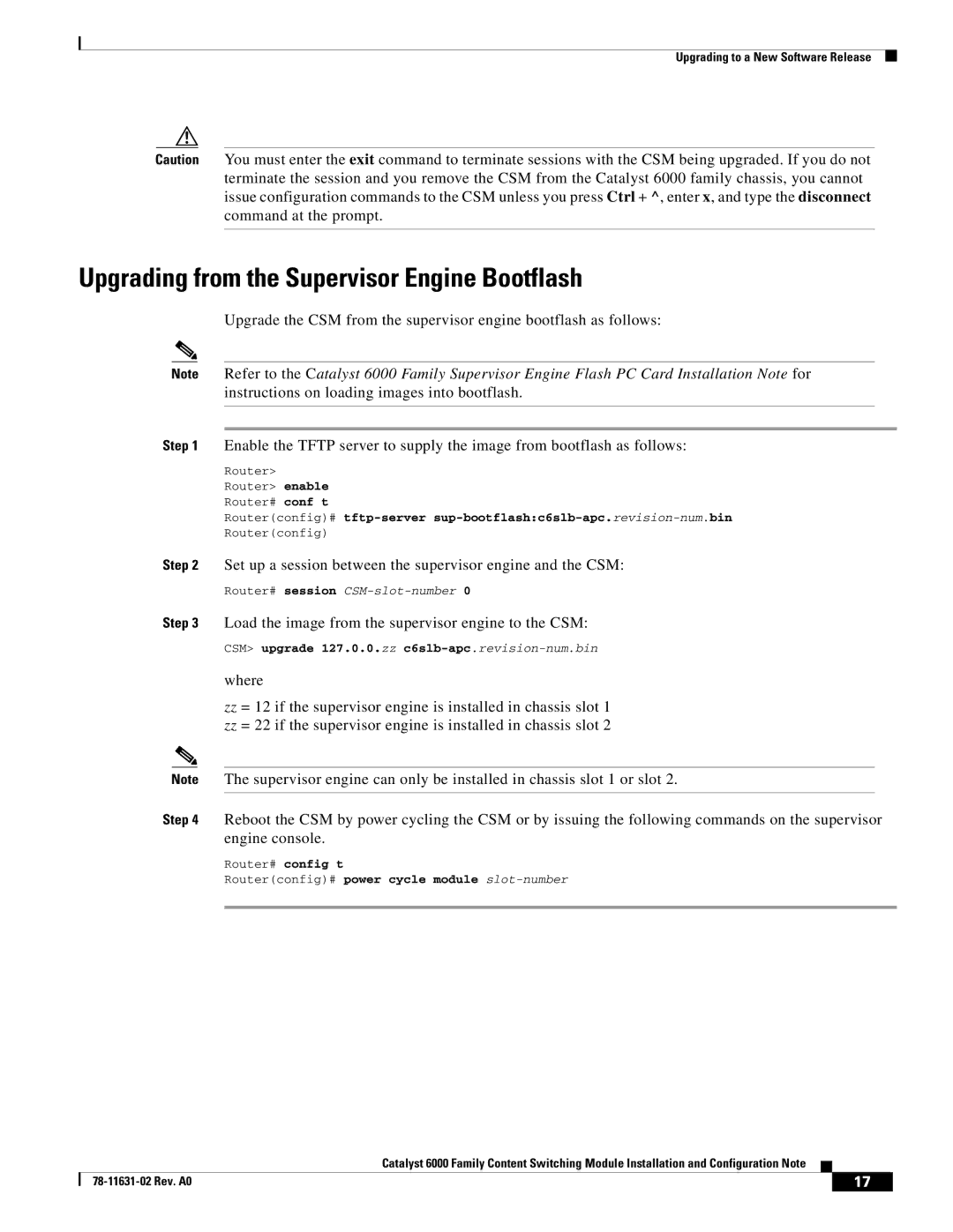 Cisco Systems 6000 Upgrading from the Supervisor Engine Bootflash, Load the image from the supervisor engine to the CSM 