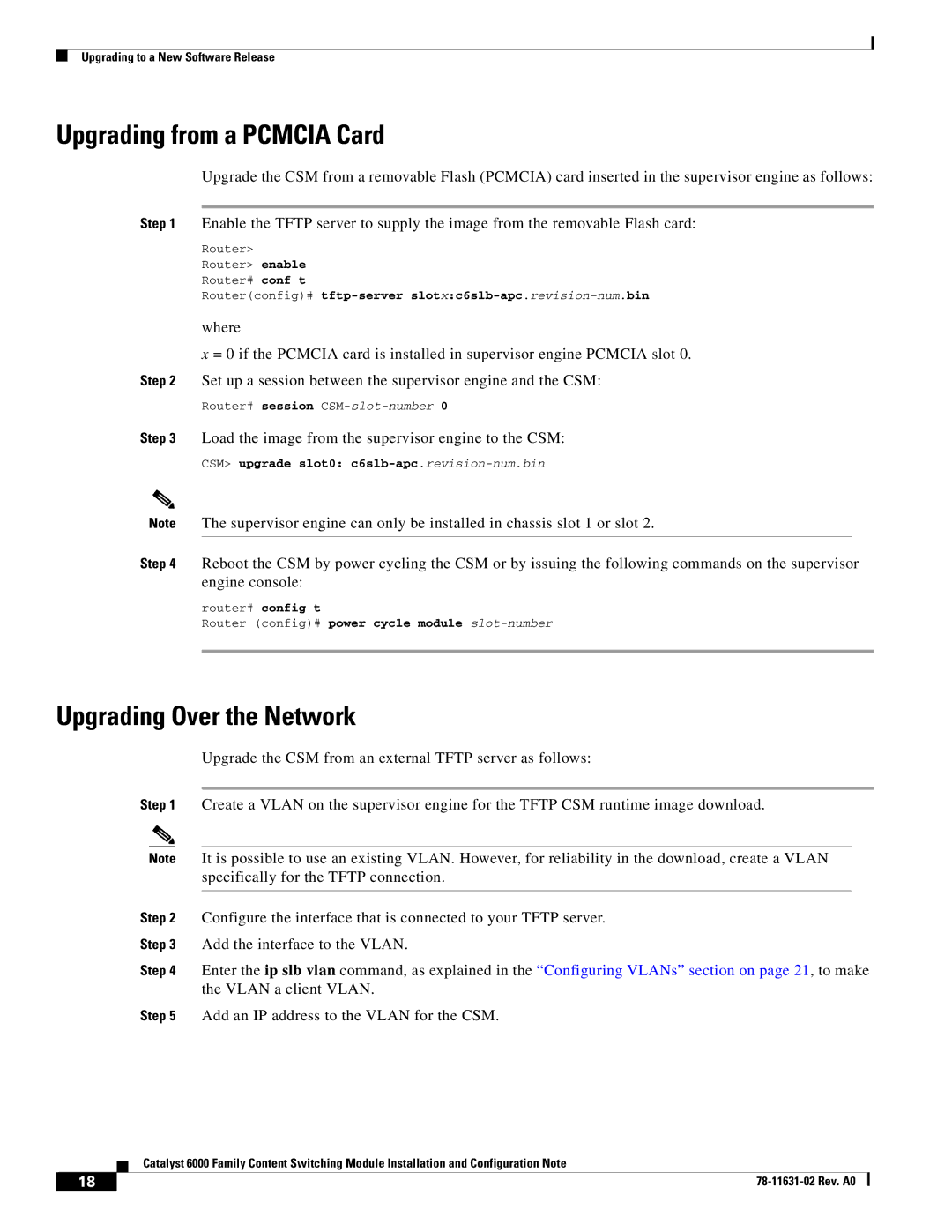 Cisco Systems 6000 Upgrading from a Pcmcia Card, Upgrading Over the Network, CSM upgrade slot0 c6slb-apc.revision-num.bin 