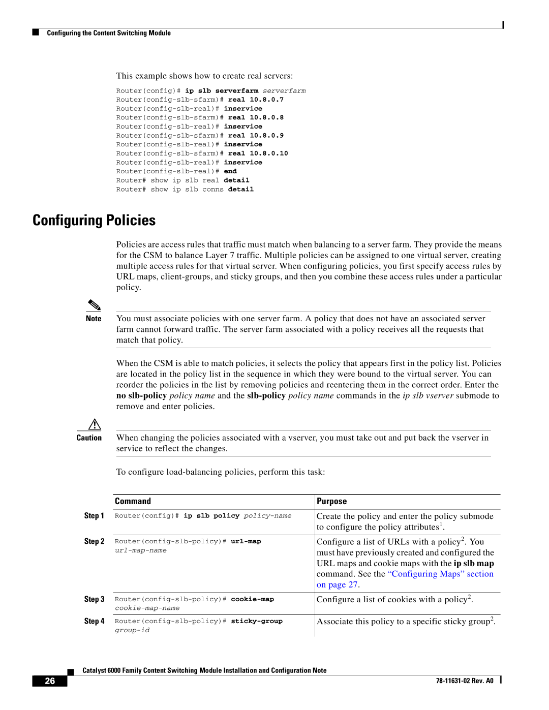 Cisco Systems 6000 manual Configuring Policies 