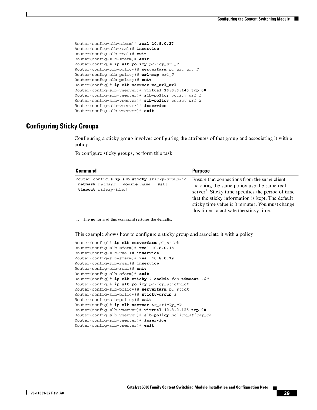 Cisco Systems 6000 manual Configuring Sticky Groups 