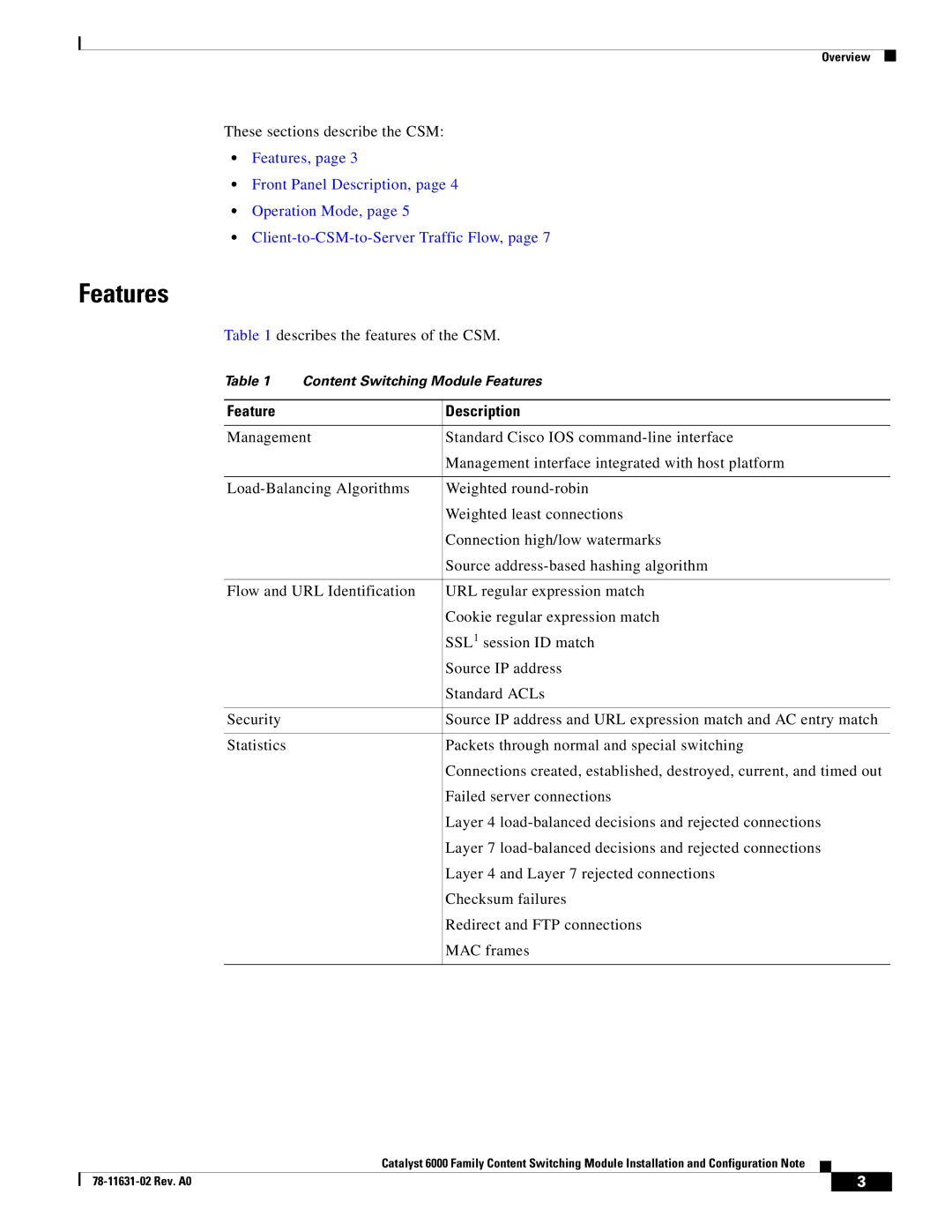 Cisco Systems 6000 manual Features, These sections describe the CSM, Describes the features of the CSM 