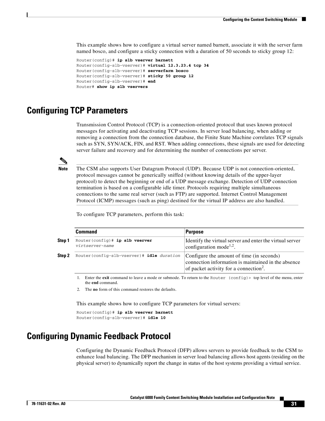 Cisco Systems 6000 manual Configuring TCP Parameters, Configuring Dynamic Feedback Protocol 