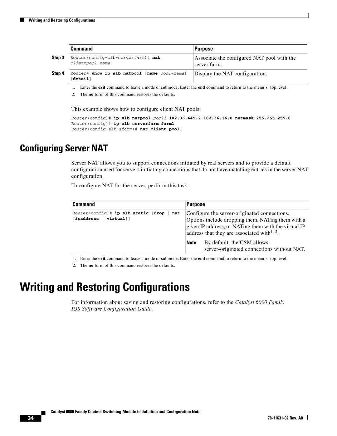 Cisco Systems 6000 manual Writing and Restoring Configurations, Configuring Server NAT 