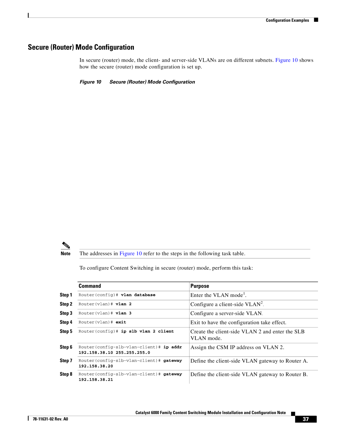 Cisco Systems 6000 manual Secure Router Mode Configuration, Create the client-side Vlan 2 and enter the SLB, Vlan mode 