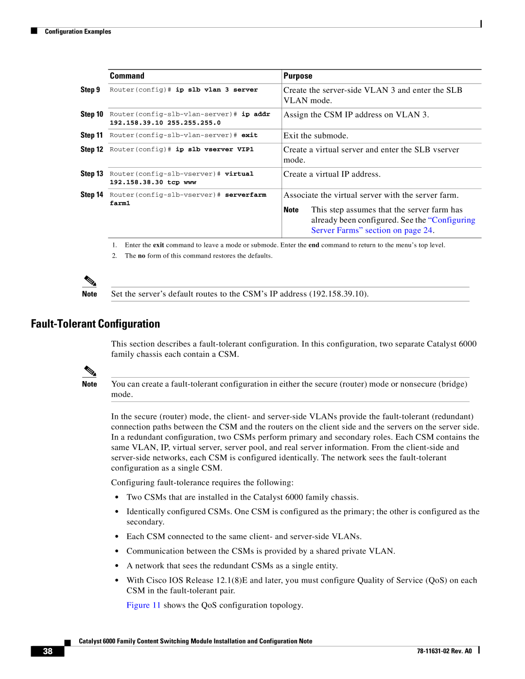 Cisco Systems 6000 manual Fault-Tolerant Configuration, Create the server-side Vlan 3 and enter the SLB, Exit the submode 