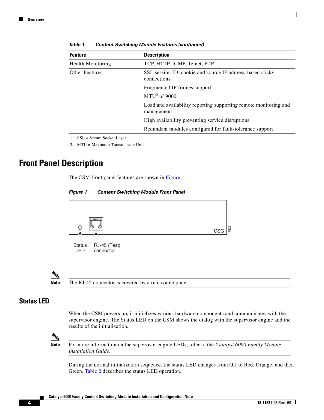 Cisco Systems 6000 manual Front Panel Description, Status LED, CSM front panel features are shown in Figure 