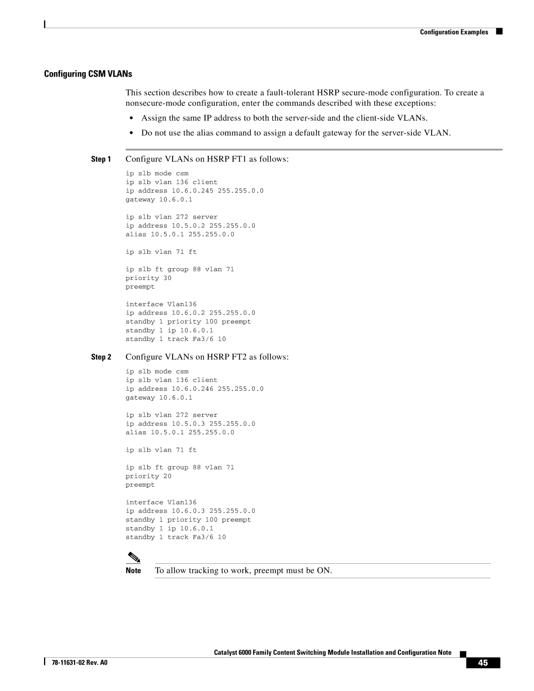 Cisco Systems 6000 manual Configuring CSM VLANs, Configure VLANs on Hsrp FT2 as follows 