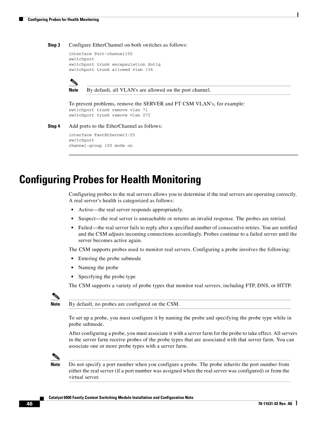 Cisco Systems 6000 manual Configuring Probes for Health Monitoring, Configure EtherChannel on both switches as follows 