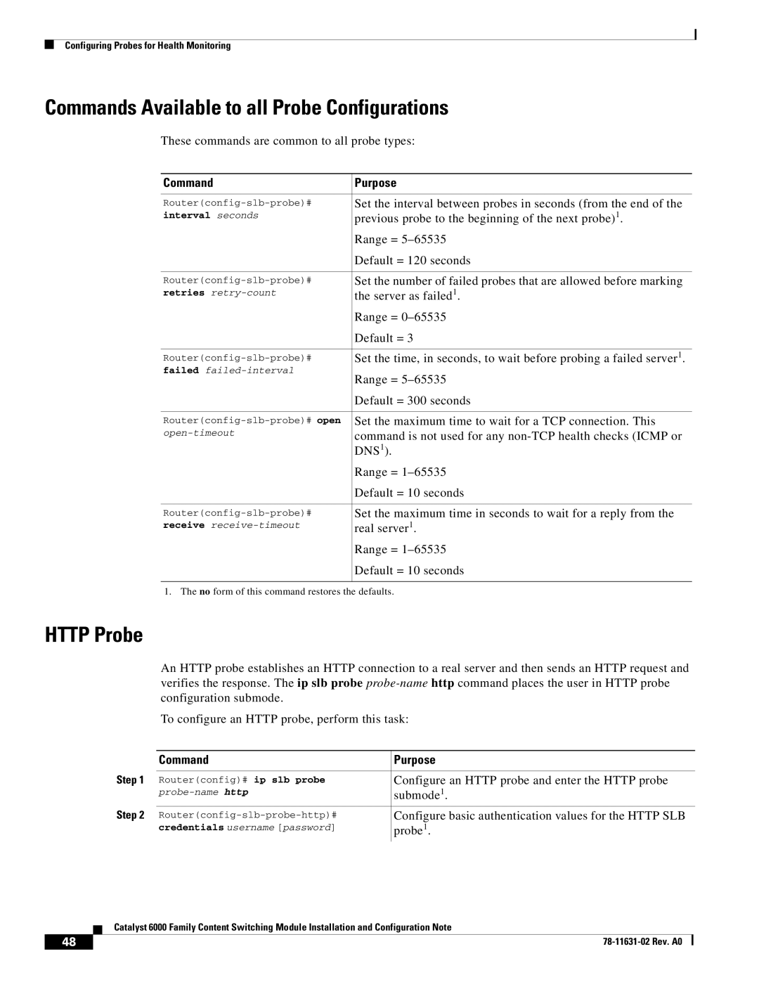 Cisco Systems 6000 manual Commands Available to all Probe Configurations, Http Probe 