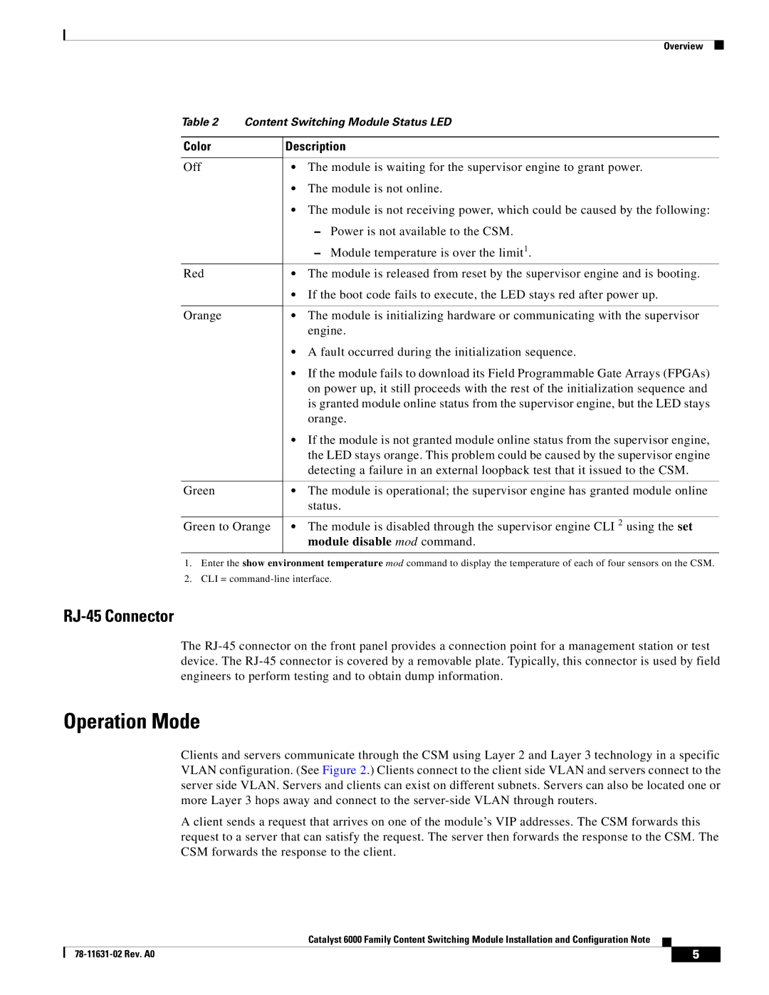 Cisco Systems 6000 manual Operation Mode, RJ-45 Connector, Off Red Orange Green Green to Orange 