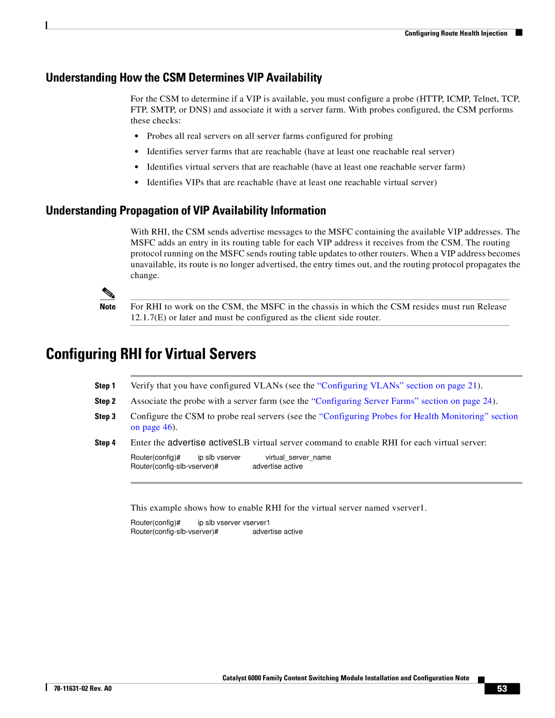 Cisco Systems 6000 manual Configuring RHI for Virtual Servers, Understanding How the CSM Determines VIP Availability 