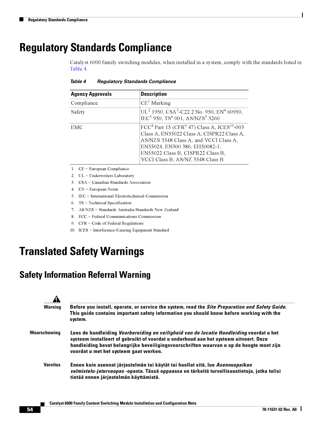 Cisco Systems 6000 manual Regulatory Standards Compliance, Translated Safety Warnings, Safety Information Referral Warning 