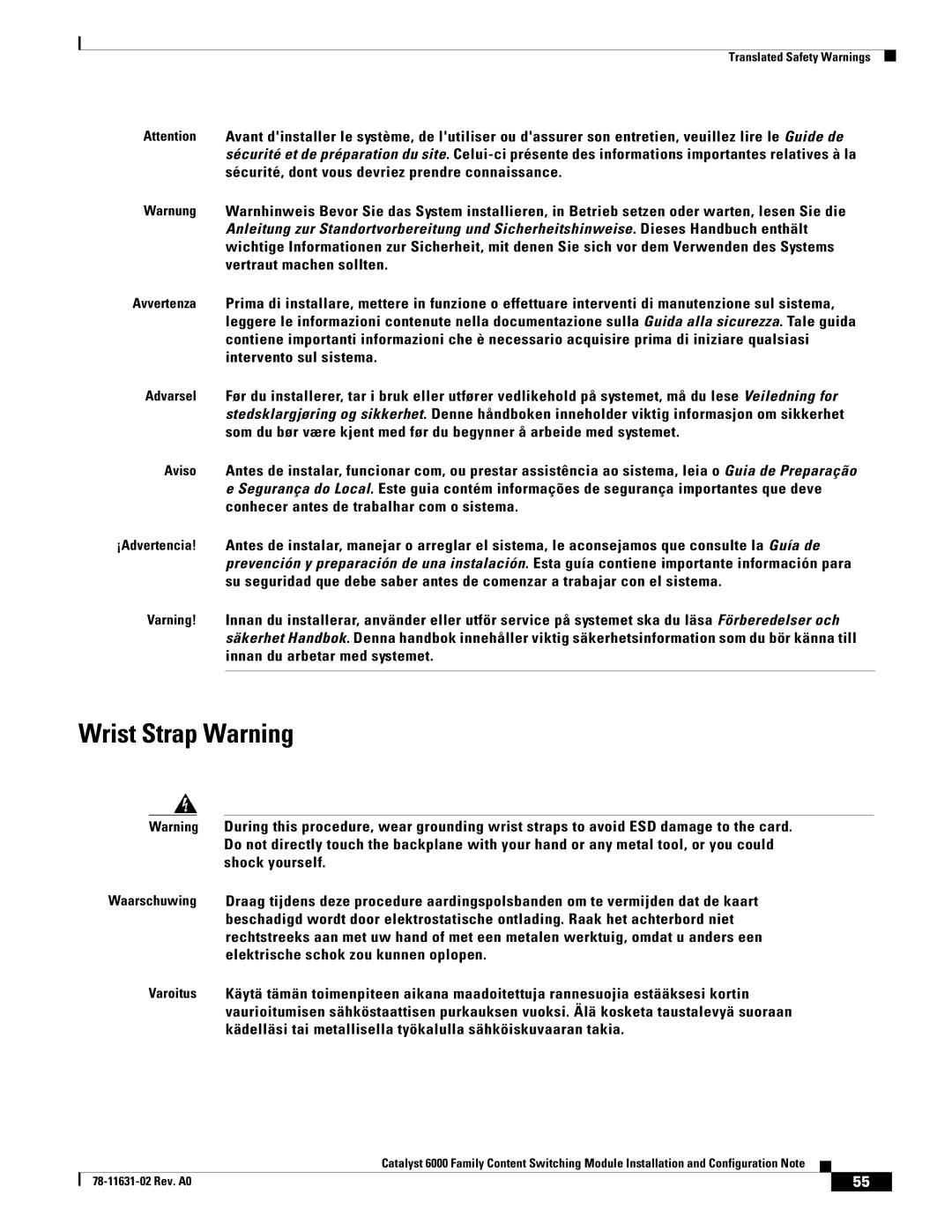 Cisco Systems 6000 manual Wrist Strap Warning 